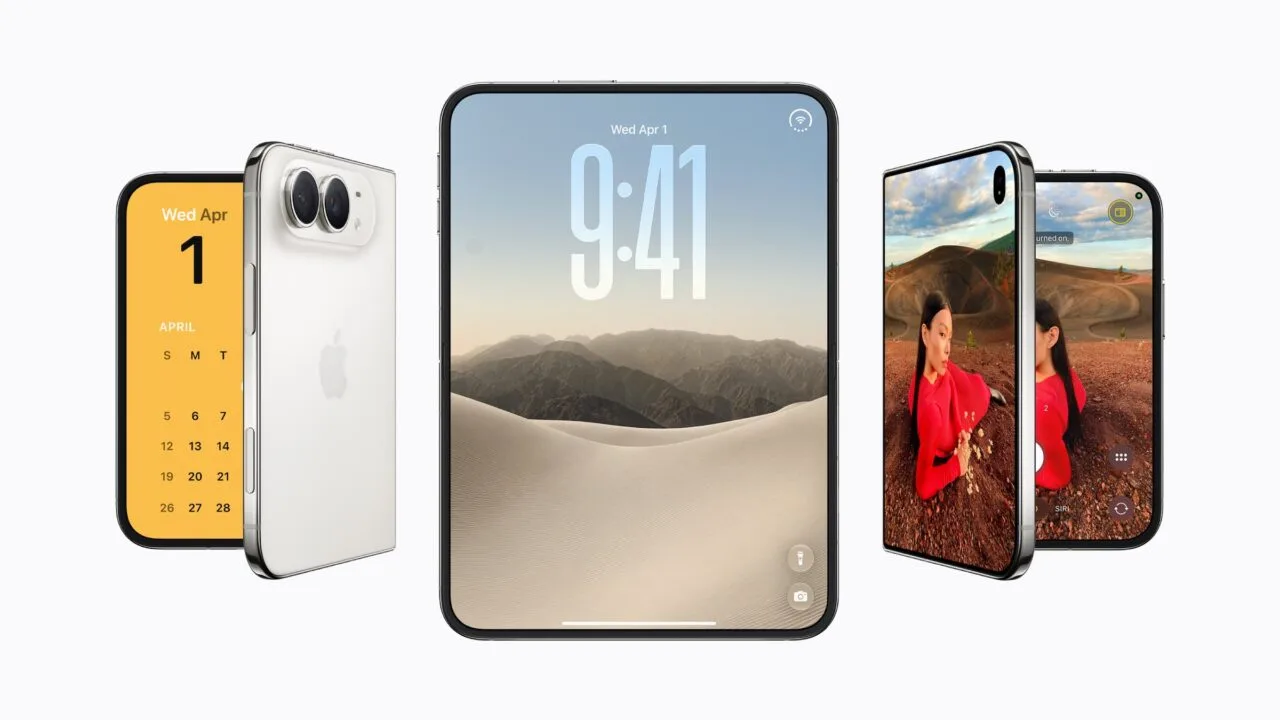 iPhone Duo in three positions: closed with a calendar on the outer display, unfolded with the lock screen and half-open with the Camera app