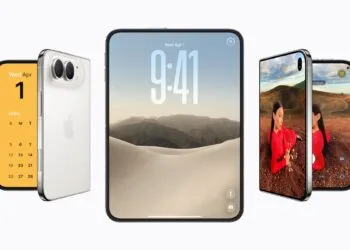 iPhone Duo in three positions: closed with a calendar on the outer display, unfolded with the lock screen and half-open with the Camera app