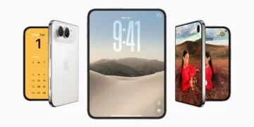 iPhone Duo in three positions: closed with a calendar on the outer display, unfolded with the lock screen and half-open with the Camera app