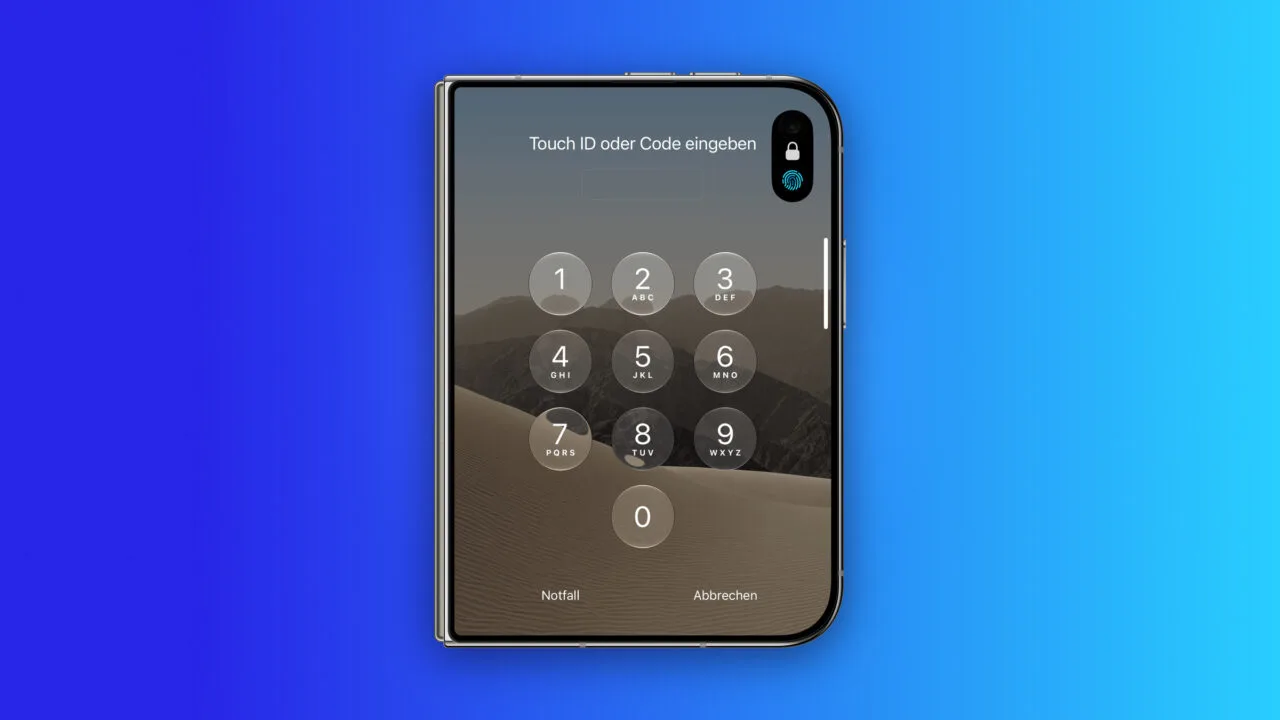 iPhone Duo Touch ID: folded iPhone Duo showing the Enter Touch ID or Passcode lock screen with keypad and a fingerprint symbol in the Dynamic Island