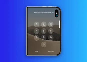 iPhone Duo Touch ID: folded iPhone Duo showing the Enter Touch ID or Passcode lock screen with keypad and a fingerprint symbol in the Dynamic Island