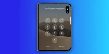 iPhone Duo Touch ID: folded iPhone Duo showing the Enter Touch ID or Passcode lock screen with keypad and a fingerprint symbol in the Dynamic Island