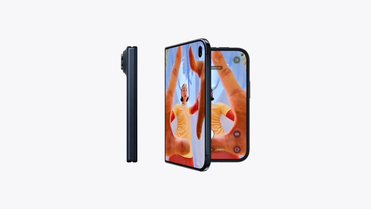 iPhone Duo update at launch: the foldable iPhone closed from the side and unfolded with the Camera app open on both displays