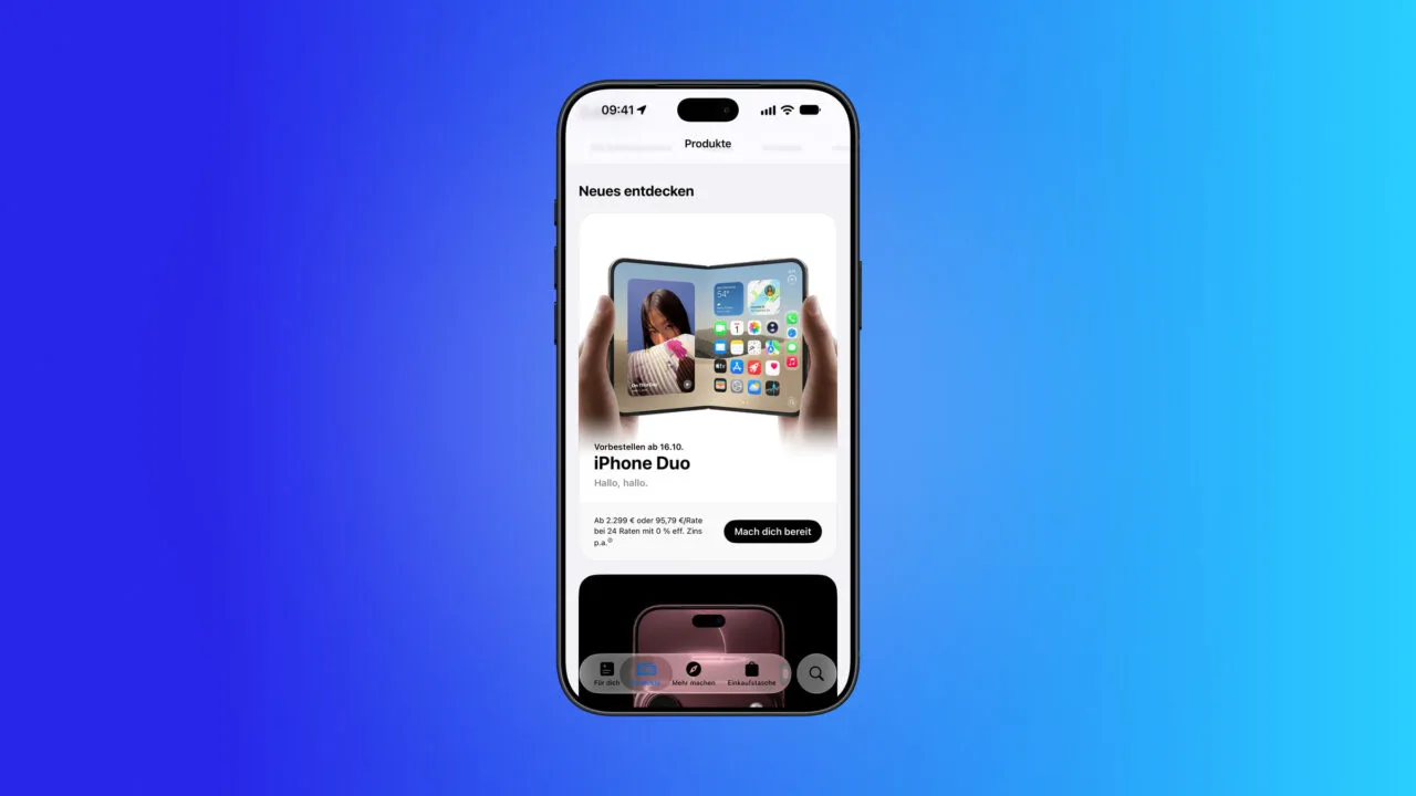 Prepare the iPhone Duo pre-order: the Apple Store app shows the iPhone Duo with pre-orders from 16 October, a price from 2,299 euros and the "Mach dich bereit" button