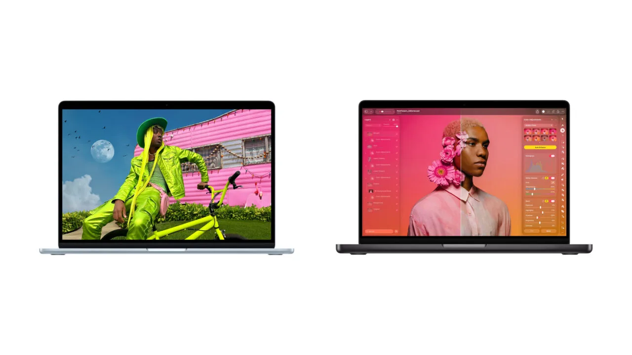 MacBook Air vs. MacBook Pro: a sky blue MacBook Air with a colorful photo on the left, a space black MacBook Pro with photo editing on the right
