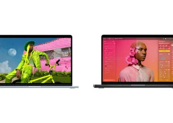 MacBook Air vs. MacBook Pro: a sky blue MacBook Air with a colorful photo on the left, a space black MacBook Pro with photo editing on the right