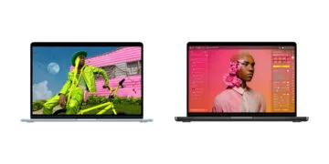 MacBook Air vs. MacBook Pro: a sky blue MacBook Air with a colorful photo on the left, a space black MacBook Pro with photo editing on the right