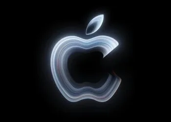 MacBook Pro touchscreen: glowing Apple logo made of curved light lines on a black background