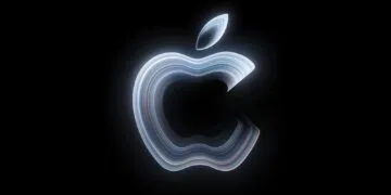 MacBook Pro touchscreen: glowing Apple logo made of curved light lines on a black background