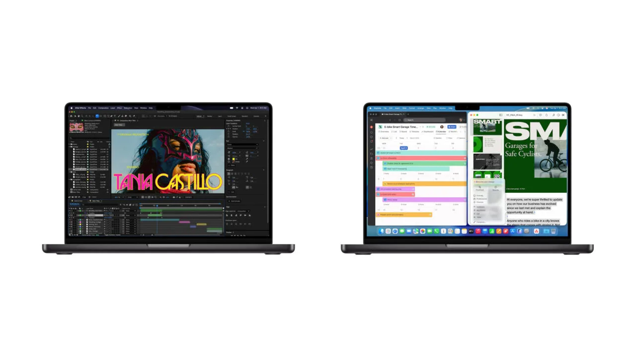 MacBook Pro M6 vs. M5: two open 14-inch MacBook Pros in space black side by side, video editing on the left, calendar and presentation on the right