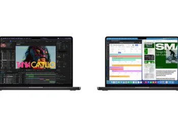 MacBook Pro M6 vs. M5: two open 14-inch MacBook Pros in space black side by side, video editing on the left, calendar and presentation on the right