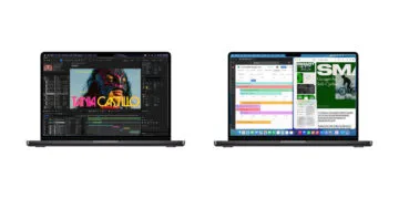 MacBook Pro M6 vs. M5: two open 14-inch MacBook Pros in space black side by side, video editing on the left, calendar and presentation on the right