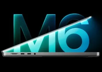 MacBook Pro M6 half open in side view in front of a glowing M6 lettering on a black background