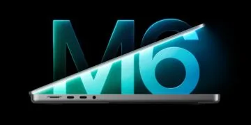 MacBook Pro M6 half open in side view in front of a glowing M6 lettering on a black background