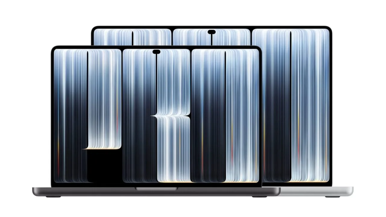 MacBook Pro OLED forecast: 14-inch MacBook Pro with PROLED XDR Display in space black in front of the 16-inch model in silver, both showing a Dynamic Island