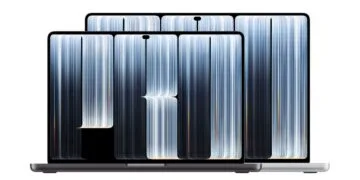 MacBook Pro OLED forecast: 14-inch MacBook Pro with PROLED XDR Display in space black in front of the 16-inch model in silver, both showing a Dynamic Island