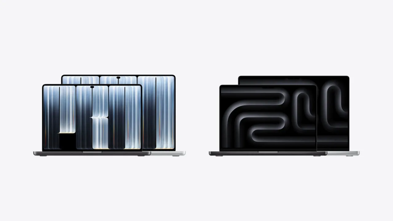 MacBook Pro PROLED XDR vs. Mini-LED: on the left the MacBook Pro with PROLED XDR display, on the right the Mini-LED MacBook Pro, each in 14 and 16 inches in space black and silver