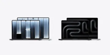 MacBook Pro PROLED XDR vs. Mini-LED: on the left the MacBook Pro with PROLED XDR display, on the right the Mini-LED MacBook Pro, each in 14 and 16 inches in space black and silver