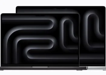 Two open MacBook Pro models in Space Black and Silver with a notch at the top of the display, the current design ahead of the MacBook Pro touchscreen