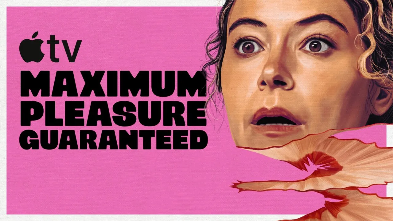 Maximum Pleasure Guaranteed season 2: painted portrait of Tatiana Maslany with a startled look next to the series title on a pink background