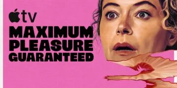 Maximum Pleasure Guaranteed season 2: painted portrait of Tatiana Maslany with a startled look next to the series title on a pink background