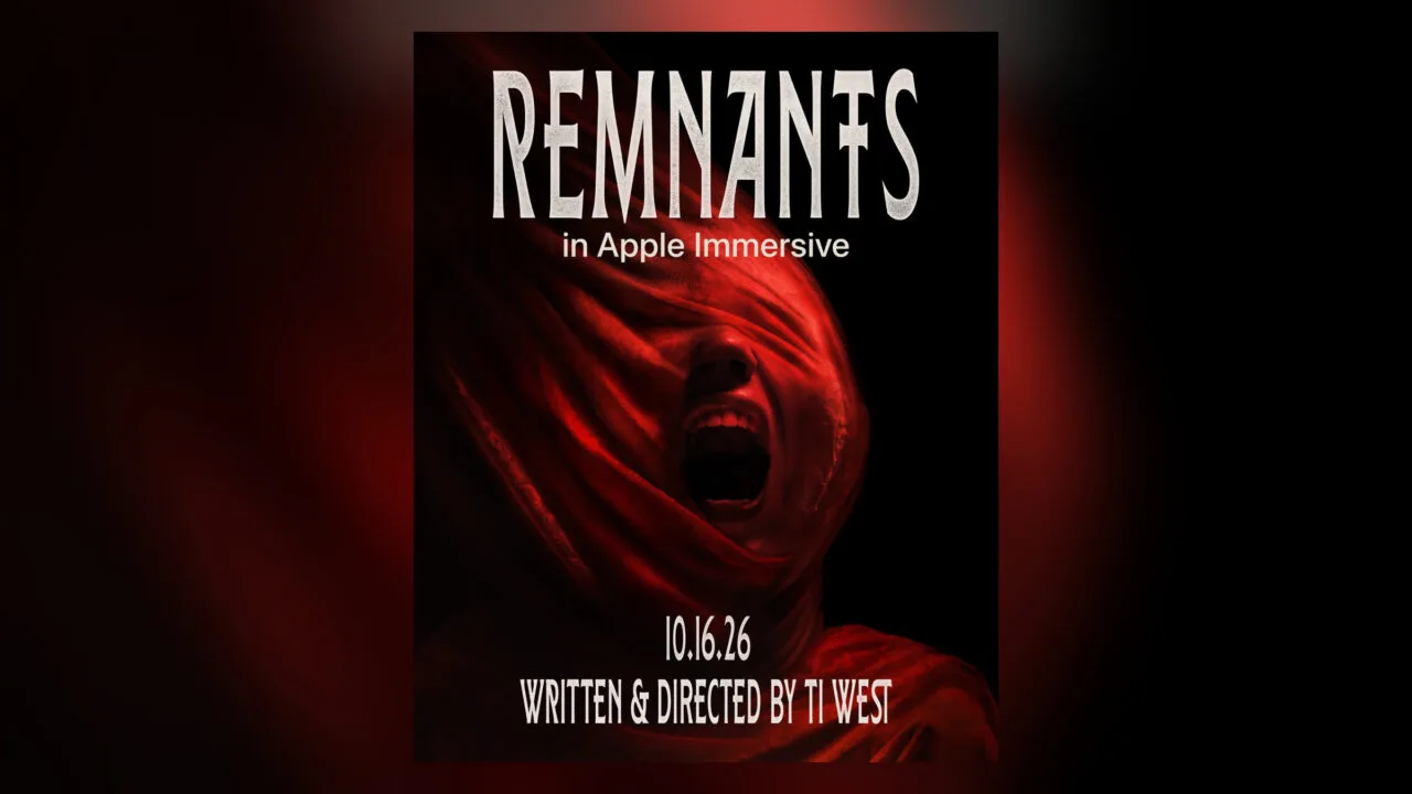 Poster for the horror film Remnants for Apple Vision Pro: a screaming face under a red cloth against a black background