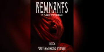 Poster for the horror film Remnants for Apple Vision Pro: a screaming face under a red cloth against a black background