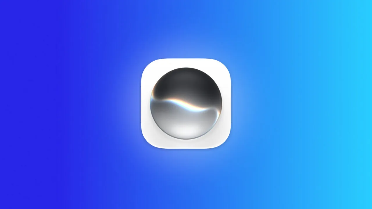 Siri AI: Siri app icon with a silver and black sphere and a light wave on a white tile against a blue gradient