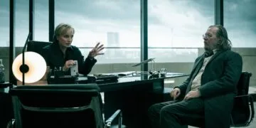 Kristin Scott Thomas as Diana Taverner and Gary Oldman as Jackson Lamb in an office – scene from season 6 for the Slow Horses finale