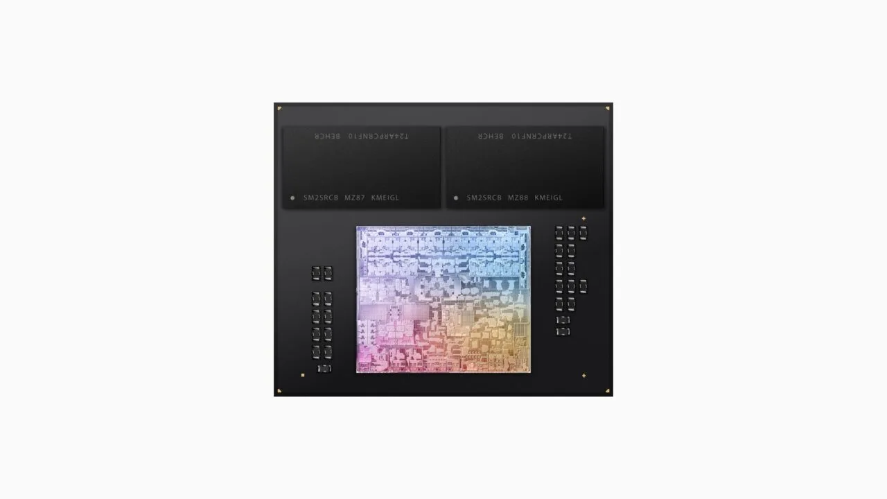 Memory crisis: Apple silicon chip on its package with two black memory modules above it, on a light grey background