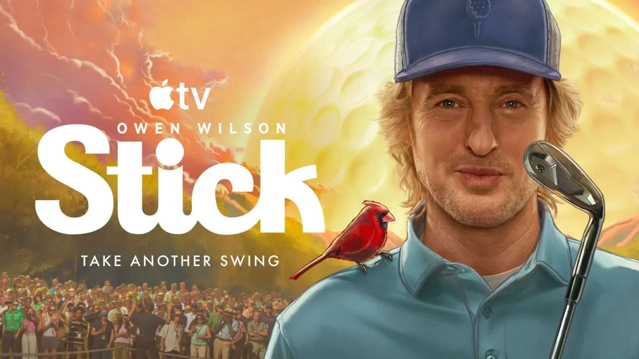 Key art for Stick season 2: Owen Wilson as Pryce Cahill holding a golf club, a red cardinal on his shoulder, spectators at a golf course on the left