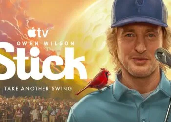 Key art for Stick season 2: Owen Wilson as Pryce Cahill holding a golf club, a red cardinal on his shoulder, spectators at a golf course on the left