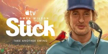 Key art for Stick season 2: Owen Wilson as Pryce Cahill holding a golf club, a red cardinal on his shoulder, spectators at a golf course on the left