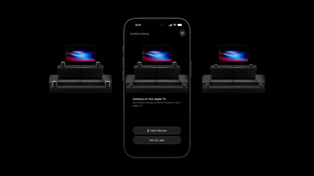 HomePod surround: iPhone showing the Home Theater setup screen, flanked by three layouts with four HomePods around a sofa in front of a TV