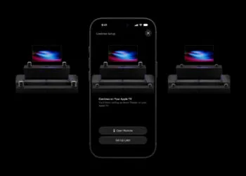 HomePod surround: iPhone showing the Home Theater setup screen, flanked by three layouts with four HomePods around a sofa in front of a TV
