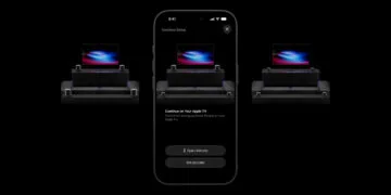 HomePod surround: iPhone showing the Home Theater setup screen, flanked by three layouts with four HomePods around a sofa in front of a TV